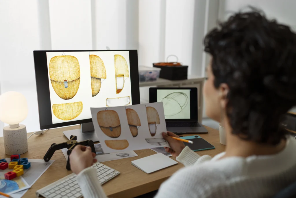 Diseñadora sentada frente a monitor con un proyecto que simula el rostro humano.