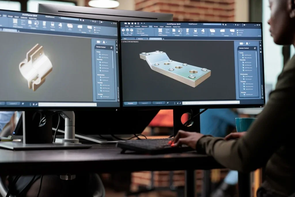 Diseñadora frente a dos monitores revisando sus maquetas.