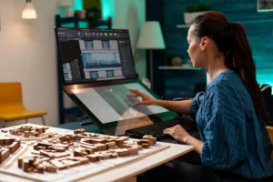 Mujer usa simulación avanzada para generar un proyecto inmobiliario amplio.