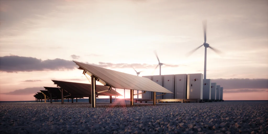 Páneles solares y molinos de energía eólica.