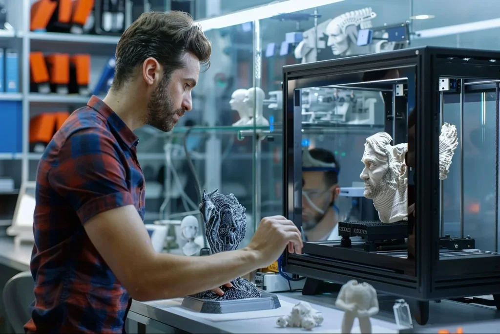 Artista que experimenta con una impresora 3D.