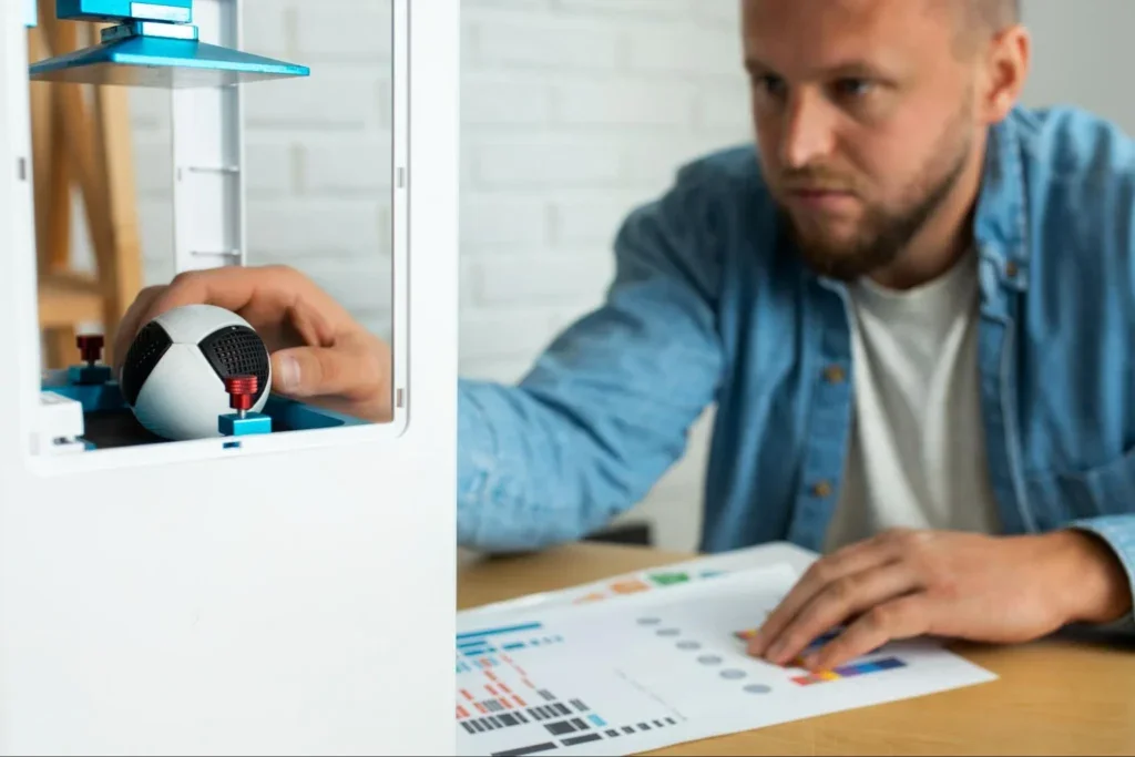 Hombre con la mano dentro de una impresora 3D.
