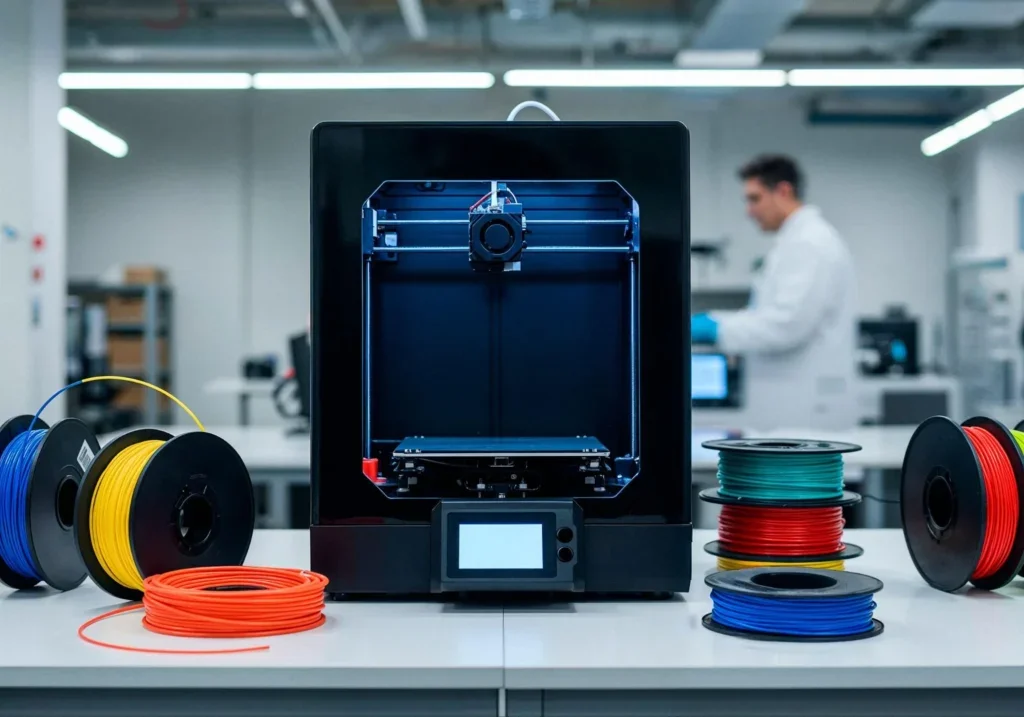 Impresoras 3D con filamentos a su lado.