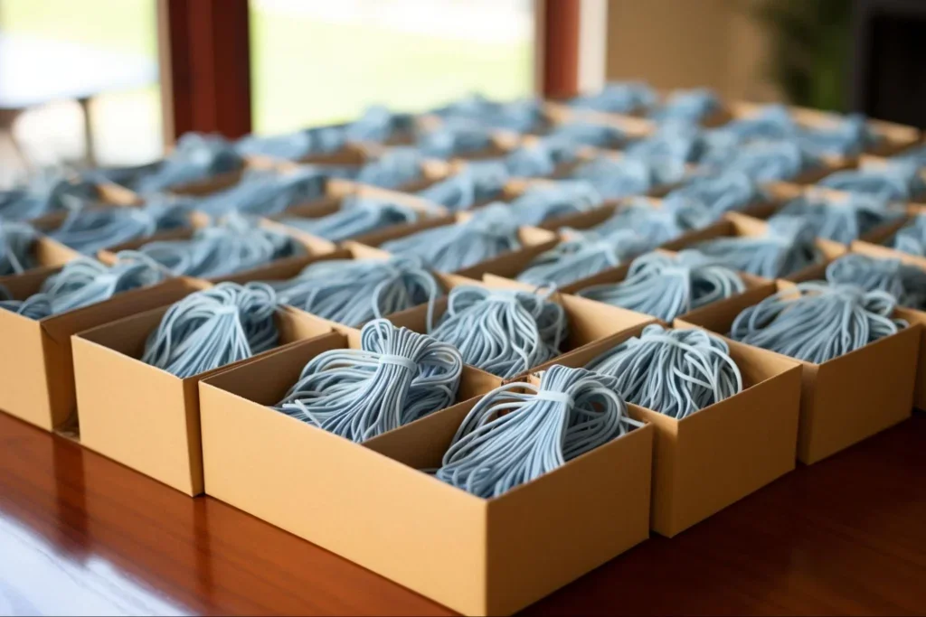 Rollos de filamentos en cajas de cartón.